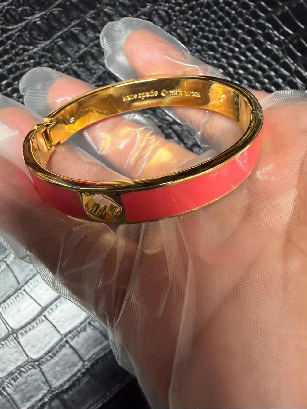 kate spade Coral Pink Enamel Heart Hinge Bangle - Picture 3 of 6